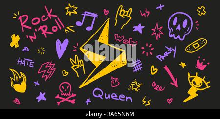Punk Rock Doodle Set - Blitz, Schädel, Herz, Horngeste, Sterne. Hand gezeichnete Retro-Vektor-Illustrationen in hellen rosa, lila und gelben Neonfarben auf schwarzem Hintergrund für Musikdesign. Stock Vektor