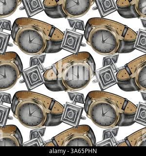 Elegantes, nahtloses Aquarellmuster mit luxuriösen Armbanduhren und silbernen Manschettenknöpfen. Perfekt für Textildesign, Geschenkpapier, Markenbezeichnungen für Herrenaccessoires und stilvolle Hintergründe Stockfoto