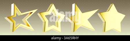 Goldener 3D-Stern auf transparentem Hintergrund. Metallic-Auszeichnungen in verschiedenen Stilen – hohle Umrisse, Rahmen und durchgehende Füllung für Leistungsabzeichen oder luxuriöses Design. Glänzend gelbe Himmelssymbole. Stock Vektor