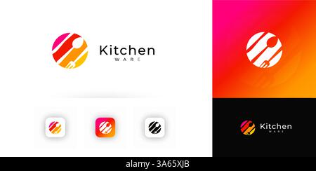 Modernes rundes Logo mit Löffelgabelmesser-Ausschnitt. Symbol für Lebensmittellieferung, Küche, Catering, Kochen, Restaurant-Branding, App-Symbol. Vektorabbildung Stock Vektor