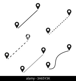 Set von Positionsstiftsymbolen mit gepunkteten und durchgehenden Linien. Karte Route und Navigationskonzept. Schwarz-weiß-Vektor-Design. Stock Vektor