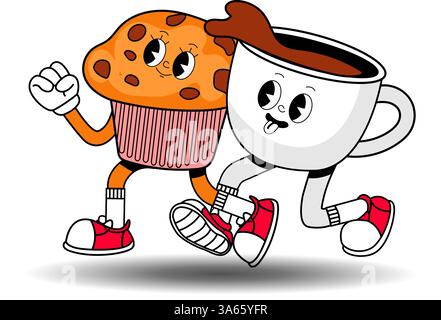 Paare mit Kaffee und Süßigkeiten. Cartoon-Retro-Frühstück aus den 70er Jahren im Café und Café. Espresso mit Cupcake. Stock Vektor