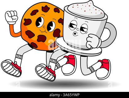 Paare mit Kaffee und Süßigkeiten. Cartoon-Retro-Frühstück aus den 70er Jahren im Café und Café. Mascot Happy Character Drink. Espresso mit Cupcake, Stock Vektor