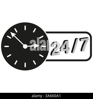Uhr und Text. 24-7-Service. Zeitmanagement-Konzept. Schwarze Vektorgrafik. Stock Vektor