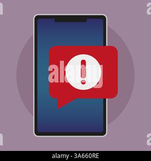 Warnsymbol für Mobilgeräte. Rote Warnblase. Ausrufezeichen. Flache Telefonschnittstelle. Stock Vektor