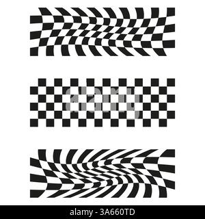 Verzerrte karierte Streifen. Rennflagge Illusion. Abstraktes Schwarzweiß. Vektorhintergrund. Stock Vektor
