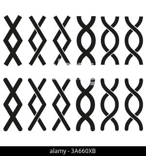 DNA-Helix-Symbole. Schwarze gedrehte Formen. Genetische Symbole. Vektorbiologie. Stock Vektor