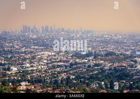 Fernsicht auf Los Angeles, Kalifornien, mit vielen Gebäuden und grünen Bäumen Stockfoto