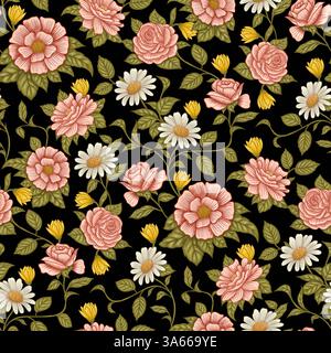 Rosa Rosen und Daisies mit grünen Blättern. Nahtloses Blumenmuster. Vintage-Blumen-Druck auf schwarzem Hintergrund. Stockfoto