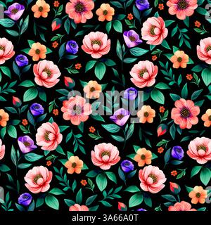 Bunte Nahtlose Blumen, Aquarellfloralmuster, Handgezeichnete Botanische Illustration. Stockfoto