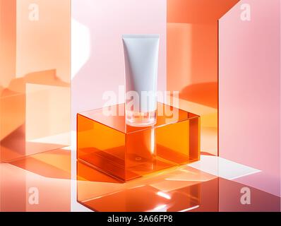 Kosmetische Creme-Tube auf orangefarbenem, transparentem Sockel mit abstraktem rosa Hintergrund und harten Lichtschatten Stockfoto