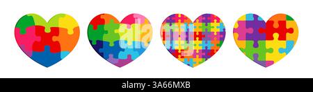 Set aus farbigen Herzen mit Puzzles im Hintergrund und isolierter Schnittmaske. Niedliches farbenfrohes Konzept. Clip-Art-Kollektion. Bildungs-Symbole Stock Vektor
