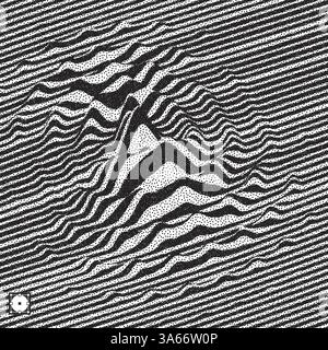 Wellenform Hintergrund. Dynamische visuelle Wirkung. Oberfläche Verzerrung. Schwarze und weiße Schallwellen. Pointillismus Muster mit optischen Täuschung. Gepunktete vecto Stock Vektor