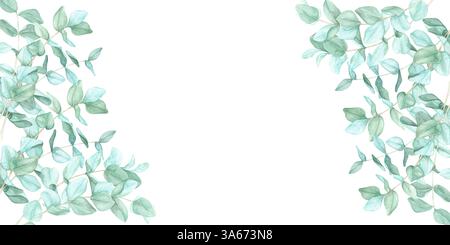 Eukalyptuszweige in Grüntönen bilden einen zarten Aquarellrahmen. Dieses botanische Banner eignet sich ideal für Einladungen, Branding, Verpackung, Grußkarten und naturinspirierte digitale Designs Stockfoto