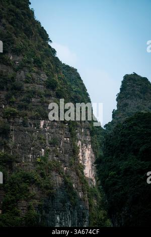 Kalksteinklippe bedeckt mit grüner Vegetation im Trang an Landscape Complex Stockfoto