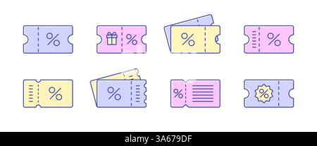 Satz farbenfroher Symbole für Rabattgutscheine. Einkaufsgutscheinsymbole mit bearbeitbarer Kontur. Vektorabbildung Stock Vektor