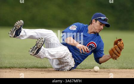 22. August 2008: Die Chicago Cubs Shortstop Ryan Theriot verpasst eine Infield-Single von Washington Nationals Emilio Bonifacio im sechsten Inning im Wrigley Field in Chicago, Illinois, am Freitag, den 22. August 2008. (Phil Velasquez/Chicago Tribune/MCT) (Kreditbild: © Phil Velasquez/MCT/ZUMAPRESS.com) Stockfoto