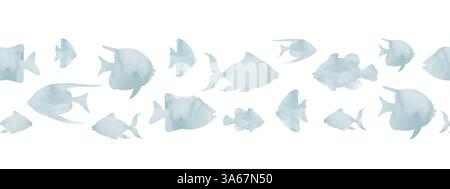 Nahtlose Aquarellrandung mit weichen schwimmenden Fisch-Silhouetten. Muster mit einer Schule von Unterwassertieren in Pastellfarben für nautische Einladungen oder Grußkarten. Marine Ornament. Stockfoto