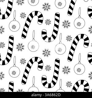 Freehand Candy Cane Schneeflocken Weihnachtskugeln nahtloses Muster Frohe Weihnachten Happy New Year Fond. Isolierte Vektor-Illustration Gruß Thematische Karte Verpackung Wallpaper Textil, Poster oder Web Promo Stock Vektor