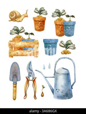 Aquarellgartenset mit Topfpflanzen, Werkzeugen und einer Holzkiste. Enthält Gießkanne, Schaufel, Gartenschere, Sprossen und eine Schnecke. Ideal für Stockfoto