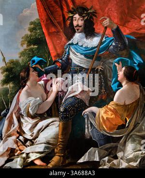 König Ludwig XIII. Zwischen zwei weiblichen Figuren, die Frankreich und Navarra repräsentieren, Simon VOUET 1590–1649, Louvre France Fine Art Museum Paris. Stockfoto