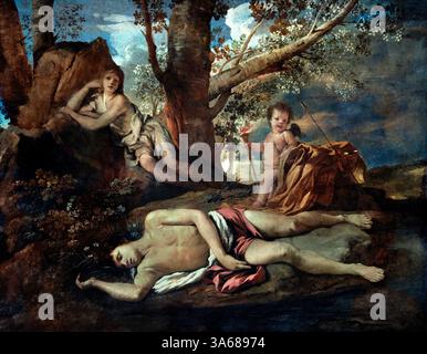 Echo et Narcisse - Echo und Narcissus 1630 Nicolas Poussin 1590 - 1665 France French Louvre France Fine Art Museum Paris. Echo war eine Bergnymphe und Narzissus war ein sterblicher Jäger in der griechischen Mythologie. Ihre Geschichten würden sich verbinden und zu einer Geschichte von Selbstliebe und unerwiderten werden) Stockfoto