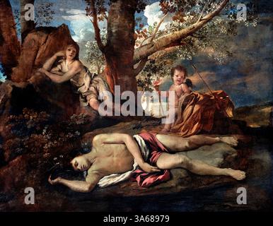 Echo et Narcisse - Echo und Narcissus 1630 Nicolas Poussin 1590 - 1665 France French Louvre France Fine Art Museum Paris. Echo war eine Bergnymphe und Narzissus war ein sterblicher Jäger in der griechischen Mythologie. Ihre Geschichten würden sich verbinden und zu einer Geschichte von Selbstliebe und unerwiderten werden) Stockfoto