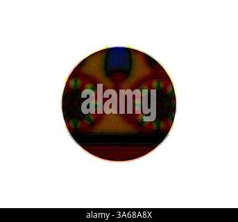 Ein abstraktes Design mit einer zentralen ovalen Form, verziert mit komplizierten Mustern und lebhaften Farben, die einen dynamischen Kontrast vor einem helleren Hintergrund schaffen. Die Komposition weckt durch ihre wirbelnden Linien und Formen ein Gefühl von Tiefe und Komplexität. Klassische Kunst mit modernem Touch, neu gestaltet von Artotop, verwandelt ägyptisches Ornament Stockfoto