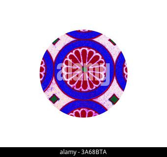 Ein lebendiges Kreismuster mit komplizierten Blumenmustern in Rot und Blau, umgeben von einem hellen Hintergrund mit grünen Akzenten. Klassische Kunst mit modernem Touch, neu gestaltet von Artotop, verwandelt ägyptisches Ornament Stockfoto