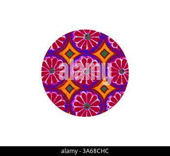 Ein lebhaftes Kreismuster mit komplexen Blumenmustern in Rot-, Orange- und Grüntönen sorgt für einen lebendigen und dynamischen Look. Klassische Kunst mit modernem Touch, neu gestaltet von Artotop, verwandelt ägyptisches Ornament Stockfoto