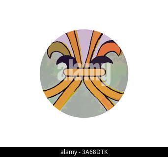 Ein kreisförmiges Design mit leuchtenden Bändern in verschiedenen Farben, die elegant miteinander verflochten sind und in der Mitte ein dynamisches Muster bilden. Der Hintergrund hat einen subtilen, weichen Verlauf, der das visuelle Interesse verstärkt. Klassische Kunst mit modernem Touch, neu interpretiert von Artotop, verwandeltes assyrisches und persisches Ornament Stockfoto