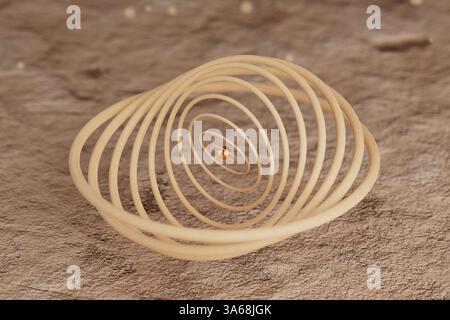 Fliegende goldene Kugel mit Rings Spiral als abstraktes Planetenkonzept auf einem Grunge-Hintergrund. 3D-Rendering Stockfoto