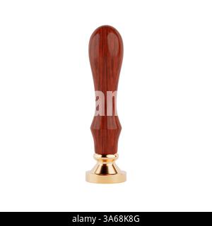Hölzerner Retro-Stempel mit Gold zum Versiegeln von Wachs auf weißem Hintergrund. 3D-Rendering Stockfoto