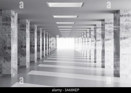 Weißer, futuristischer Säulentunnel, der zu einer leichten extremen Nahaufnahme führt. 3D-Rendering Stockfoto