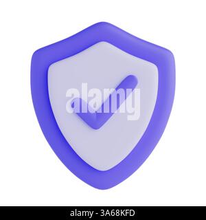 Web-Schutz, genehmigt, Sicherheit und garantiertes Konzept. Flieder-Schild-Sicherheit mit Häkchen auf weißem Hintergrund. 3D-Rendering Stockfoto