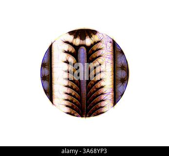 Ein symmetrisches Design mit komplizierten, blattartigen Mustern, die von einer Mittelachse ausstrahlen und in eine ovale Form gerahmt sind und eine Mischung aus organischen und abstrakten Formen darstellen. Klassische Kunst mit einem modernen Touch, das von Artotop neu interpretiert wurde und das Renaissance-Ornament verwandelt wurde Stockfoto