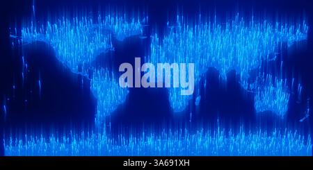 Blaue Lichtstrahlen, die von der Weltkarte auf schwarzem Hintergrund ausgehen. Konzept globaler demographischer Daten und technologischer Entwicklung Stockfoto