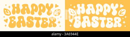Happy Easter Lettering groovige Hippie wellenförmige Buchstaben Mädchen Kinder Grußkarte nette Blätter Herz Retro Vintage 80er Jahre gelbe ästhetische Text Typografie Banner. Stock Vektor