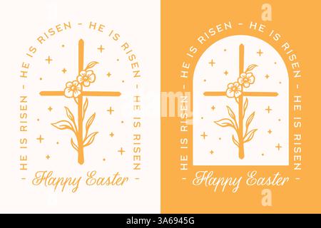 Er ist auferstanden Happy Easter Card Christian Women Girl Greetings Jesus zitiert Retro Country gelb blumig Kreuz ästhetisch bedruckbare Hemdillustration. Stock Vektor