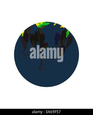 Ein kreisförmiges Design mit einer Mischung aus dunklen und lebhaften Farbtönen, das eine abstrakte Darstellung von Laub oder organischen Formen vor einem tiefen Hintergrund andeutet. Klassische Kunst mit modernem Touch, neu interpretiert von Artotop, verwandeltes Sedum Acre, beißender Steinbesatz Stockfoto