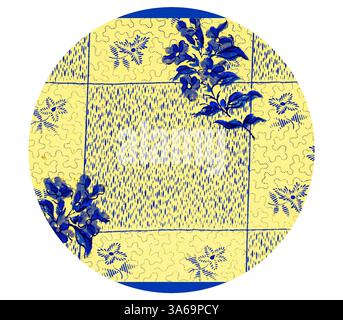 Ein lebhaftes Steppdesign mit komplizierten Blumenmustern in Blau auf einem hellgelben Hintergrund, das einen lebendigen und einladenden Kontrast schafft. Klassische Kunst mit modernem Touch, neu interpretiert von Artotop, transformierte französische Stoffe, erste Hälfte des 19. Jahrhunderts Stockfoto