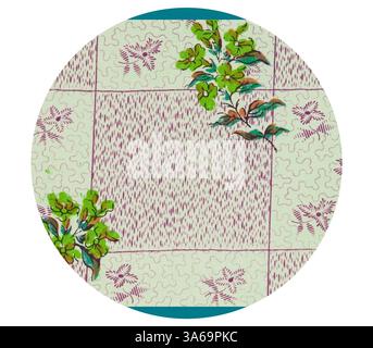 Ein zarter Stoff mit floralem Muster und leuchtend grünen Blüten, die mit komplizierten Designs verwoben sind, vor einem weichen Hintergrund. Das Arrangement schafft eine charmante und einladende Ästhetik. Klassische Kunst mit modernem Touch, neu interpretiert von Artotop, transformierte französische Stoffe, erste Hälfte des 19. Jahrhunderts Stockfoto