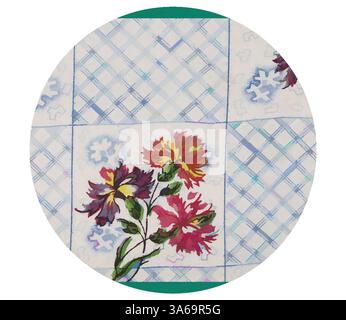 Das leuchtende Blumenmuster zeigt lebendige Blüten in Rot-, Rosa- und Violetttönen, elegant angeordnet auf einem weichen, karierten Hintergrund mit zarten geometrischen Formen. Das komplizierte Design strahlt eine charmante und harmonische Ästhetik aus. Klassische Kunst mit modernem Touch, neu interpretiert von Artotop, transformierte französische Stoffe, erste Hälfte des 19. Jahrhunderts Stockfoto