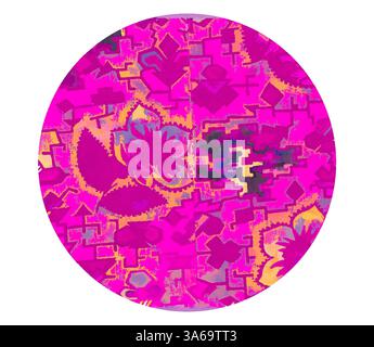 Ein lebendiges, kreisförmiges Design mit einer Mischung aus kräftigem Rosa und filigranen Blumenmustern, verwoben mit abstrakten Formen in Kontrastfarben. Klassische Kunst mit modernem Touch, neu interpretiert von Artotop, transformierte französische Stoffe, erste Hälfte des 19. Jahrhunderts Stockfoto