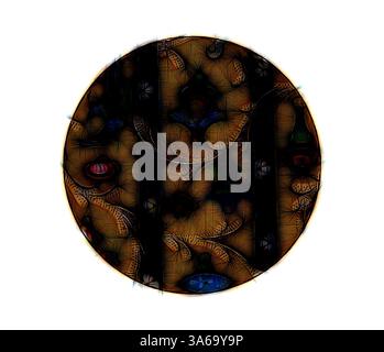 Eine abstrakte Komposition mit einer zentralen ovalen Form, umgeben von komplizierten Mustern und Texturen. Das Design umfasst eine Mischung aus organischen Formen und lebendigen Farben, die ein dynamisches visuelles Erlebnis schaffen, das ein Gefühl von Tiefe und Bewegung hervorruft. Klassische Kunst mit modernem Touch, neu interpretiert von Artotop, transformierte französische Stoffe, erste Hälfte des 19. Jahrhunderts Stockfoto