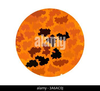 Ein lebendiges, abstraktes Kreisdesign mit einem warmen orangen Hintergrund und gezackten schwarzen Formen, die einen auffälligen Kontrast bilden. Die Komposition weckt ein Gefühl von Bewegung und Textur, das an Herbstblätter oder verspielte Muster erinnert. Klassische Kunst mit modernem Touch, neu interpretiert von Artotop, transformierte französische Stoffe, erste Hälfte des 19. Jahrhunderts Stockfoto