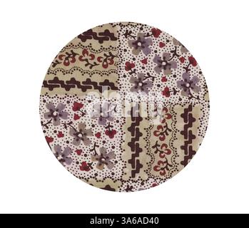 Ein kreisförmiges Stoffmuster mit einer Mischung aus floralen und geometrischen Designs in sanften Grün-, Lila- und Kastanientönen, die eine charmante und Vintage-Ästhetik schaffen. Klassische Kunst mit modernem Touch, neu interpretiert von Artotop, transformierte französische Stoffe, erste Hälfte des 19. Jahrhunderts Stockfoto