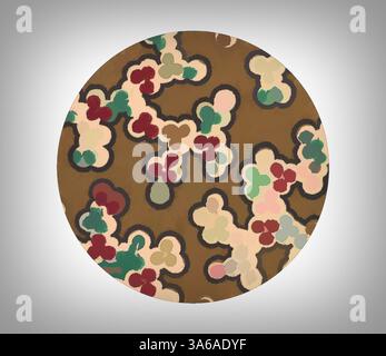 Ein kreisförmiges Design mit einem abstrakten Arrangement aus bunten Blumenformen und Mustern, das Erdtöne mit lebhaften Akzenten kombiniert. Klassische Kunst mit modernem Touch, neu interpretiert von Artotop, transformierte französische Stoffe, erste Hälfte des 19. Jahrhunderts Stockfoto