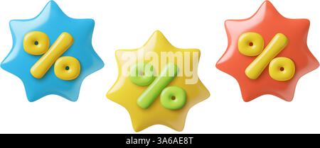 Rote blaue und gelbe 3D-Verkaufspreise mit Prozentsatz in Starburst-Form Stock Vektor