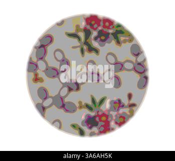Ein kreisförmiges Design mit einem Blumenmuster, das mit abstrakten Formen verflochten ist, zeigt lebendige Farben und organische Formen. Klassische Kunst mit modernem Touch, neu interpretiert von Artotop, transformierte französische Stoffe, erste Hälfte des 19. Jahrhunderts Stockfoto